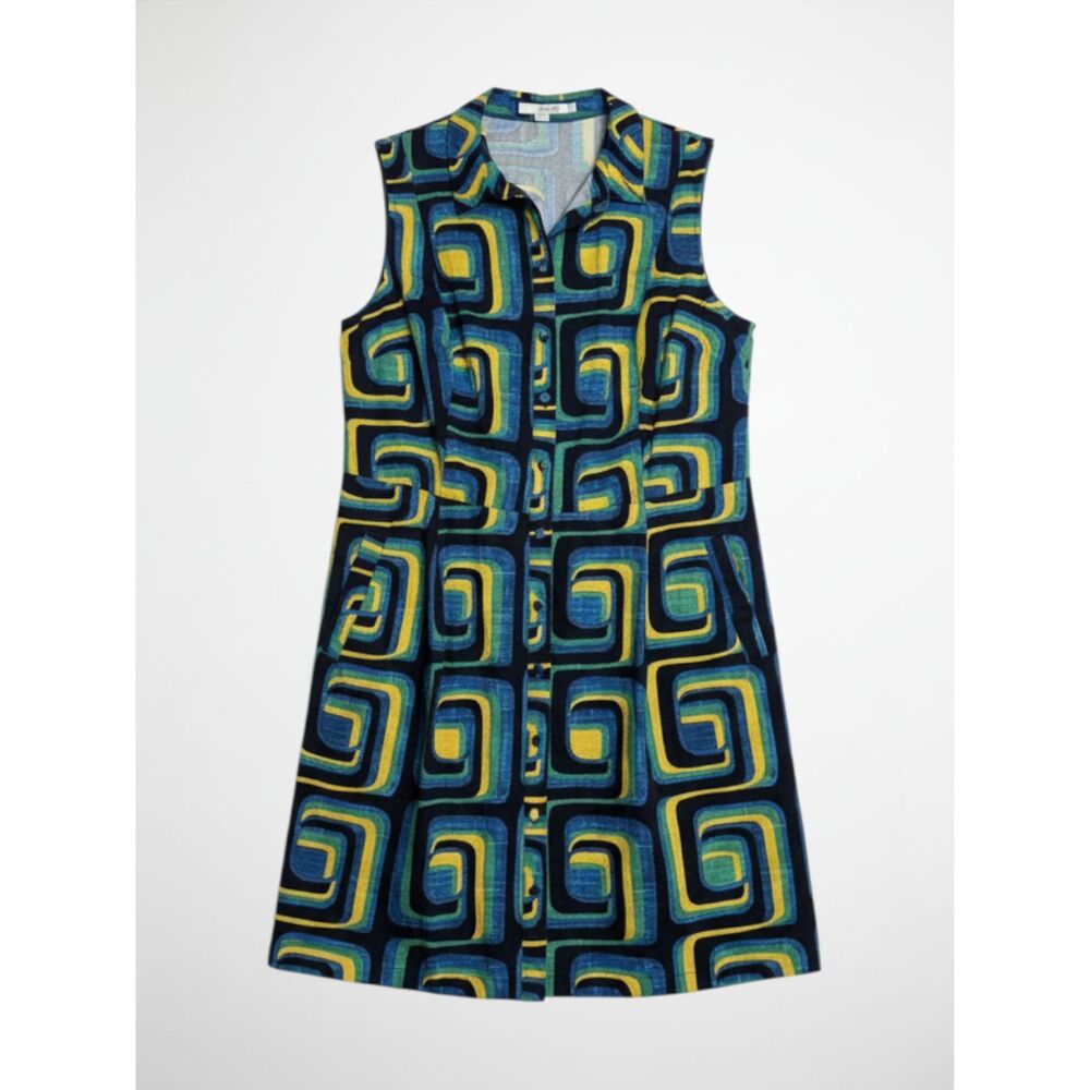 Boden Blue Green Yellow 60s Retro Mod Geometric Sleeveless Shirt Dress Size 16
